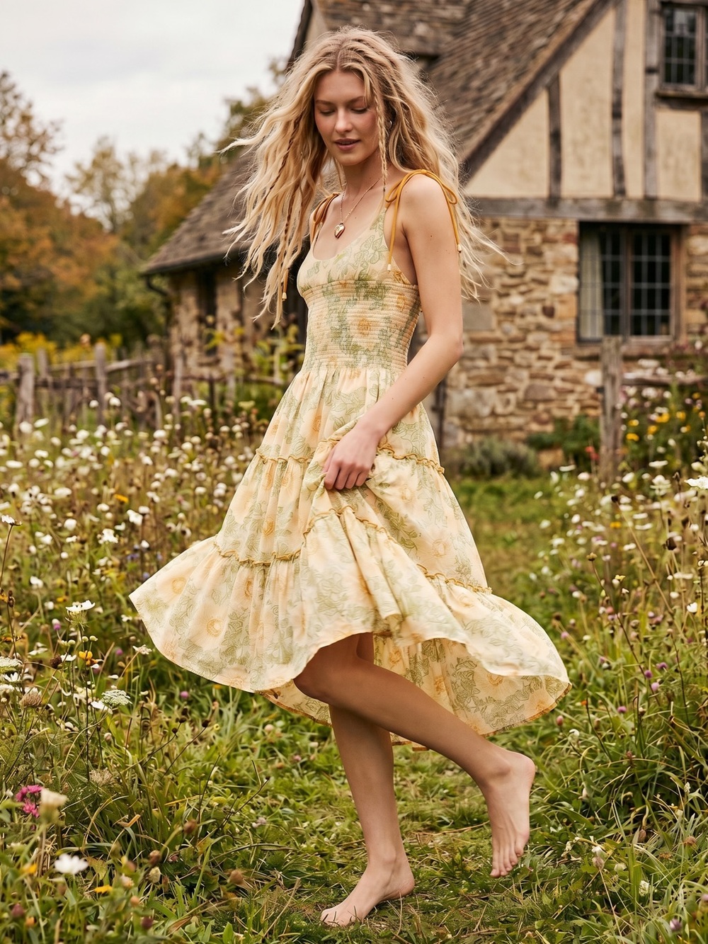 Free People Bohemian Dainty Cottage Adriel Tiered Midi Dress Ivory Floral XL